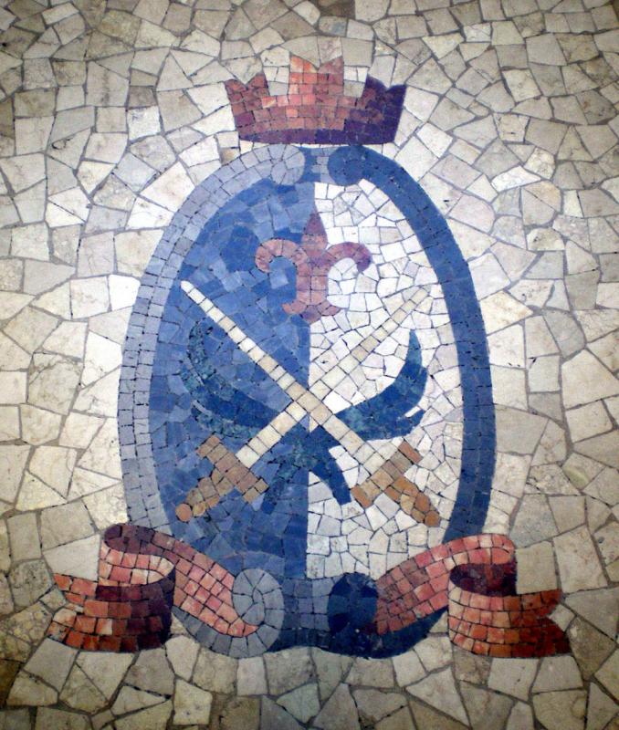 1936- Sondrio, sede del Credito Valtellinese. Stemma realizzato a mosaico nel pavimento.