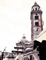 1576-Tirano, Santuario. Lo stemma (di cui non vi è quasi più traccia) viene dipinto sul campanile dal pittore Cipriano Valorsa p