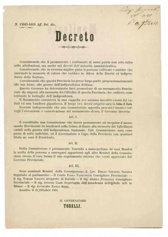 Decreto del Governatore della Provincia di Sondrio Luigi Torelli per la realizzazione di un monumento ai Caduti per l'Indipenden